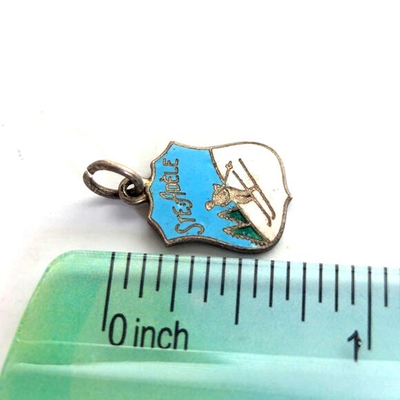 Vintage Ste Adele Enamel Sterling Silver Skiing Small Pendant Bracelet Charm - Picture 3 of 3